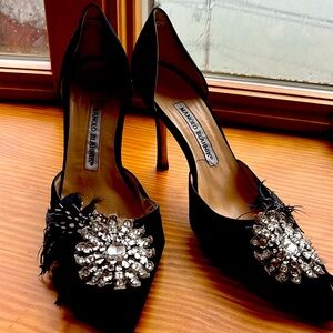 Black silk and silver rhinestone and feathered pump